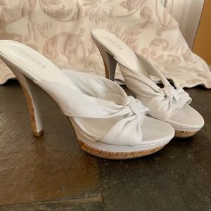 Guess white leather and cork slip on heels